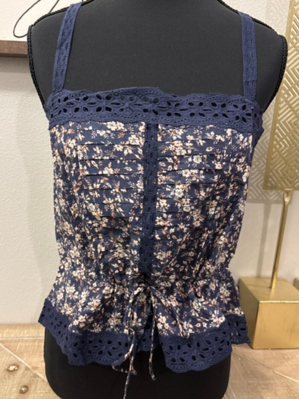 Olivaceous Navy Blush Lace Floral Cinch Waist Crop Top